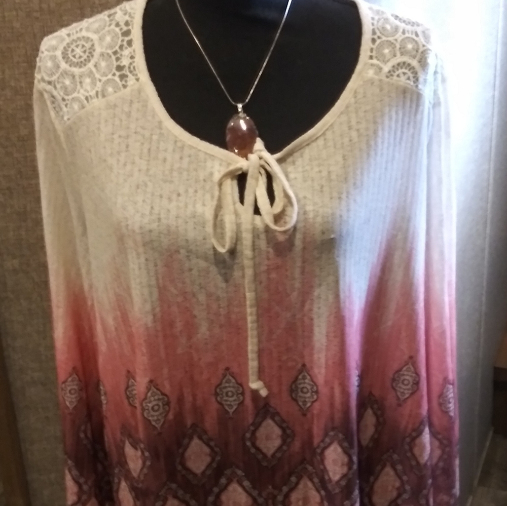 Kim Rogers Pink Ombre Tie Front Pullover Top 2x